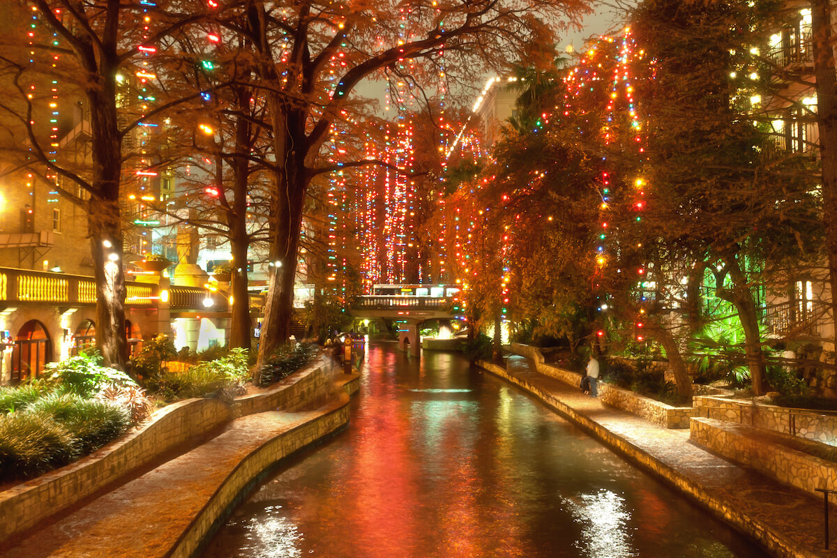 Christmas lights at riverwalk in San Antonio-Bella Groves